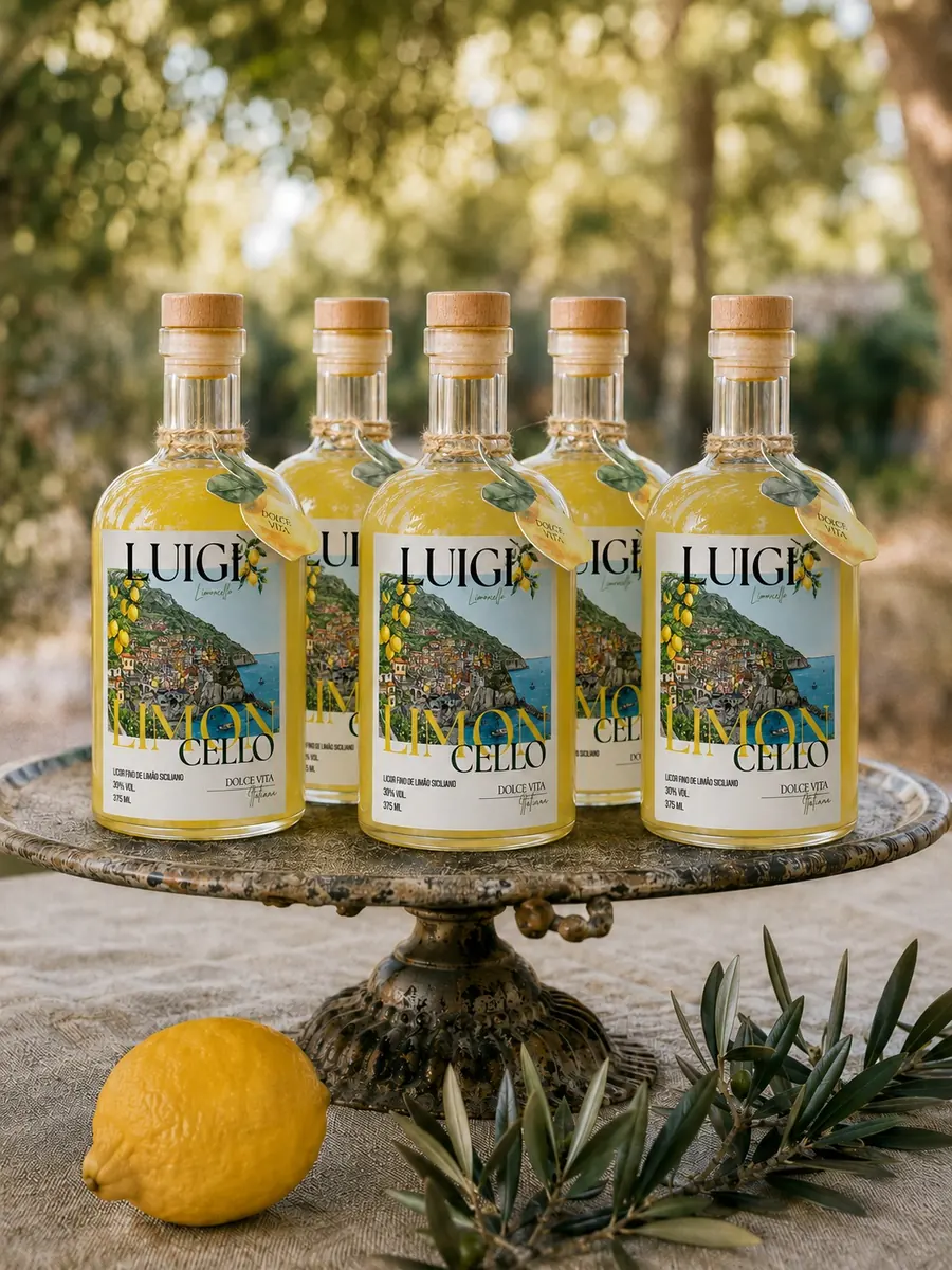 Cinco garrafas de Luigi Limoncello 375ml sobre bandeja de metal, ao pôr do sol, com limão siciliano e ramo de oliveira
