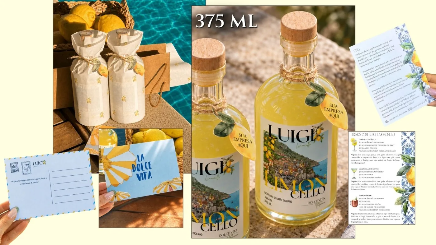 Kit Piccolo: garrafa de 375ml com tag personalizada "sua empresa aqui", sacola, papel de seda estampado de limões e cartilha de drinks